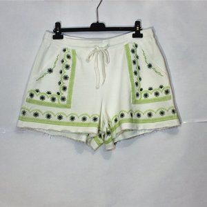 Anthropologie White Green Embroidered Drawstring Boho Shorts  Cotton Large
